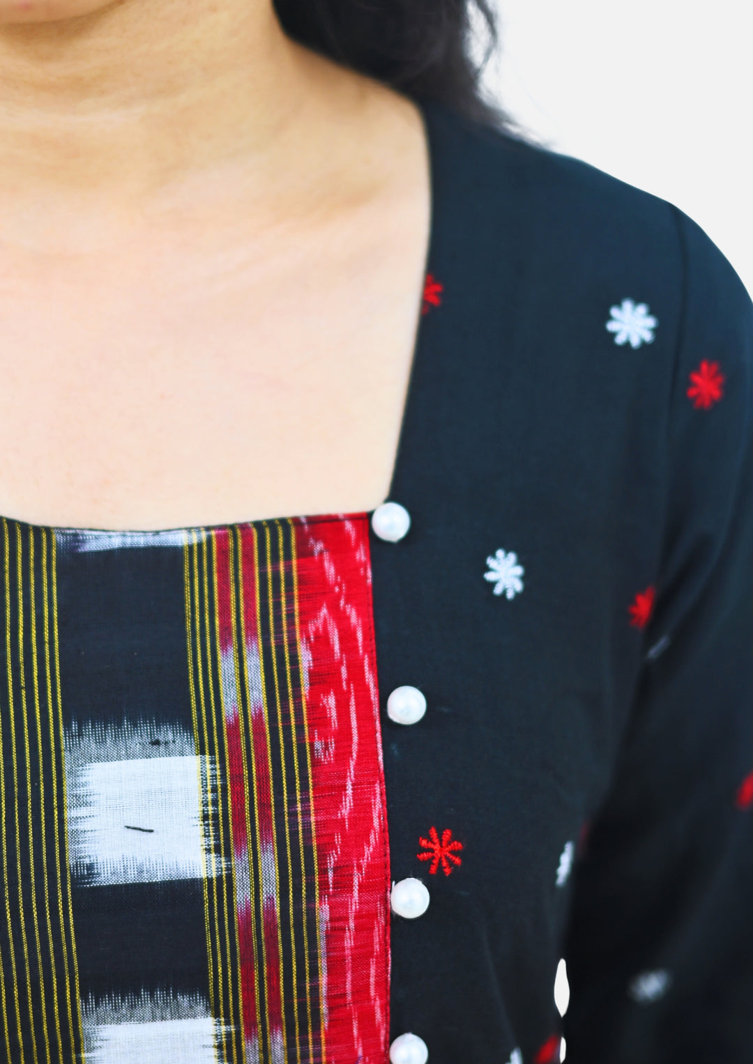 Wovio Modern Ikat Fusion Top D Neck – Blue Base with Mini Dot Motifs & Red–Black