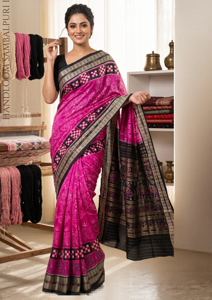 Handwoven Pink and Black Sambalpuri Ikkat Patta Saree with Peacock Motifs