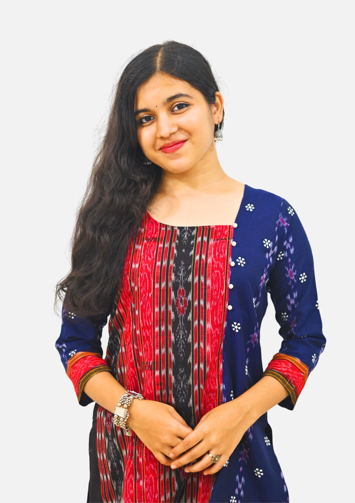 Wovio Modern Ikat Fusion Top D Neck – Blue Base with Mini Dot Motifs & Red–Black