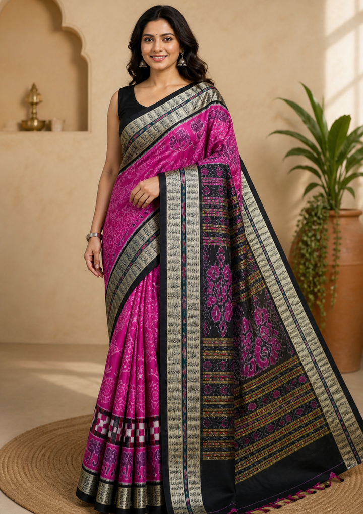 Handwoven Pink and Black Sambalpuri Ikkat Patta Saree with Peacock Motifs