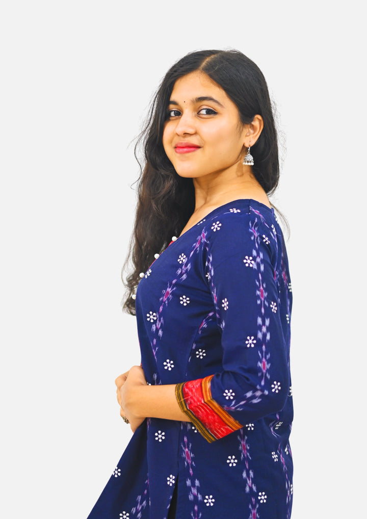 Wovio Modern Ikat Fusion Top D Neck – Blue Base with Mini Dot Motifs & Red–Black