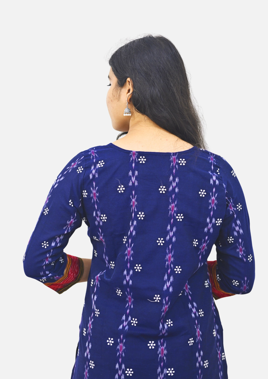 Wovio Modern Ikat Fusion Top D Neck – Blue Base with Mini Dot Motifs & Red–Black