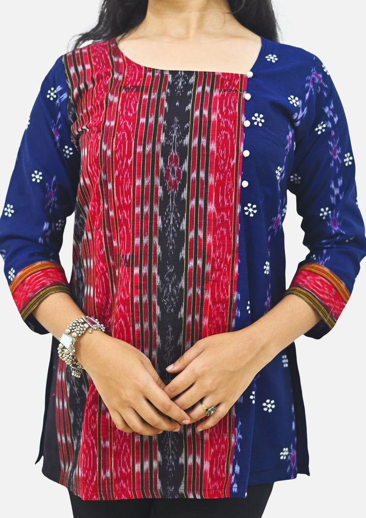 Wovio Modern Ikat Fusion Top D Neck – Blue Base with Mini Dot Motifs & Red–Black