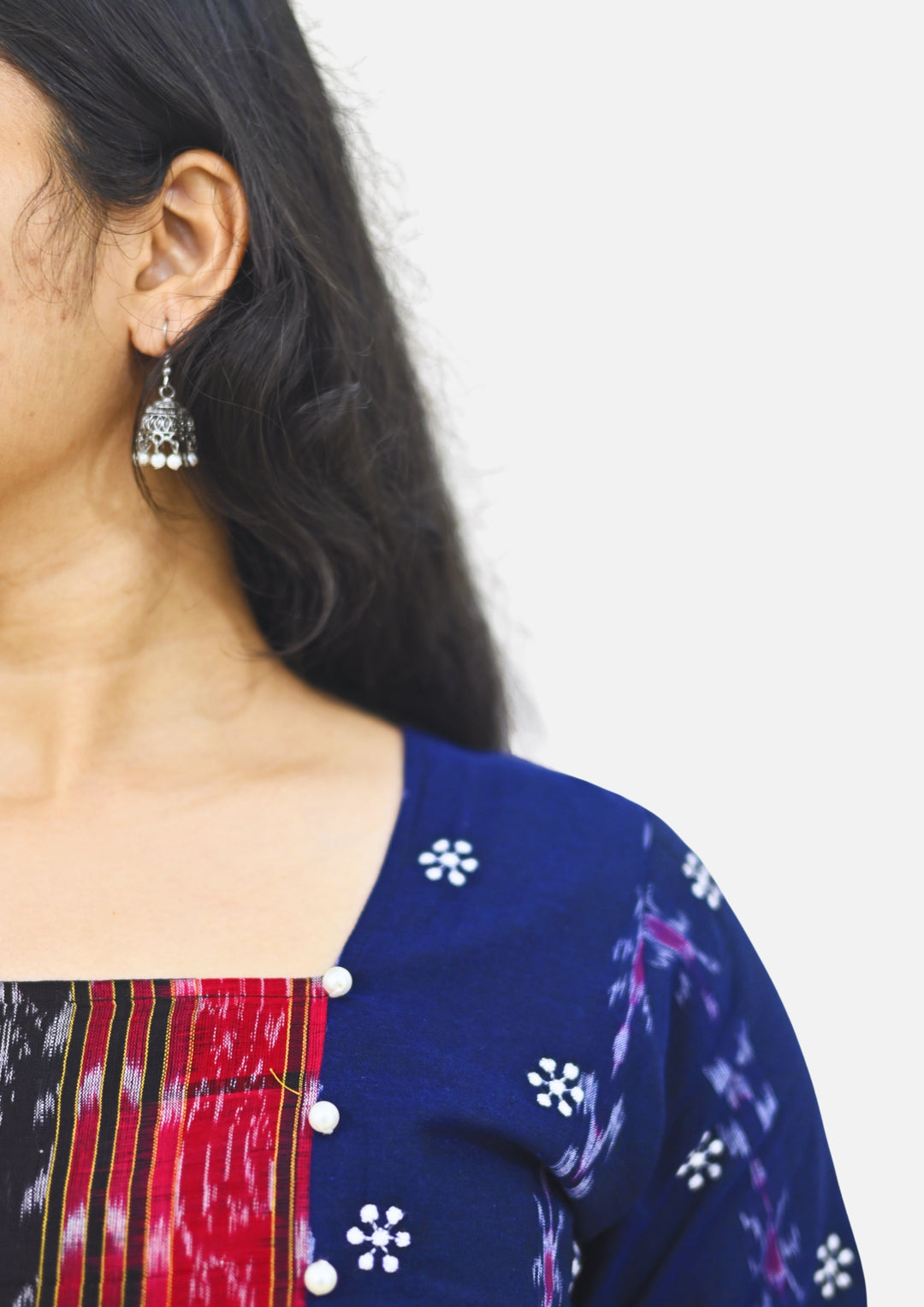 Wovio Modern Ikat Fusion Top D Neck – Blue Base with Mini Dot Motifs & Red–Black