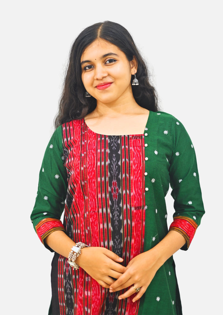 Wovio Modern Ikat Fusion Top D Neck – Green Base with Mini Dot Motifs & Red–Black