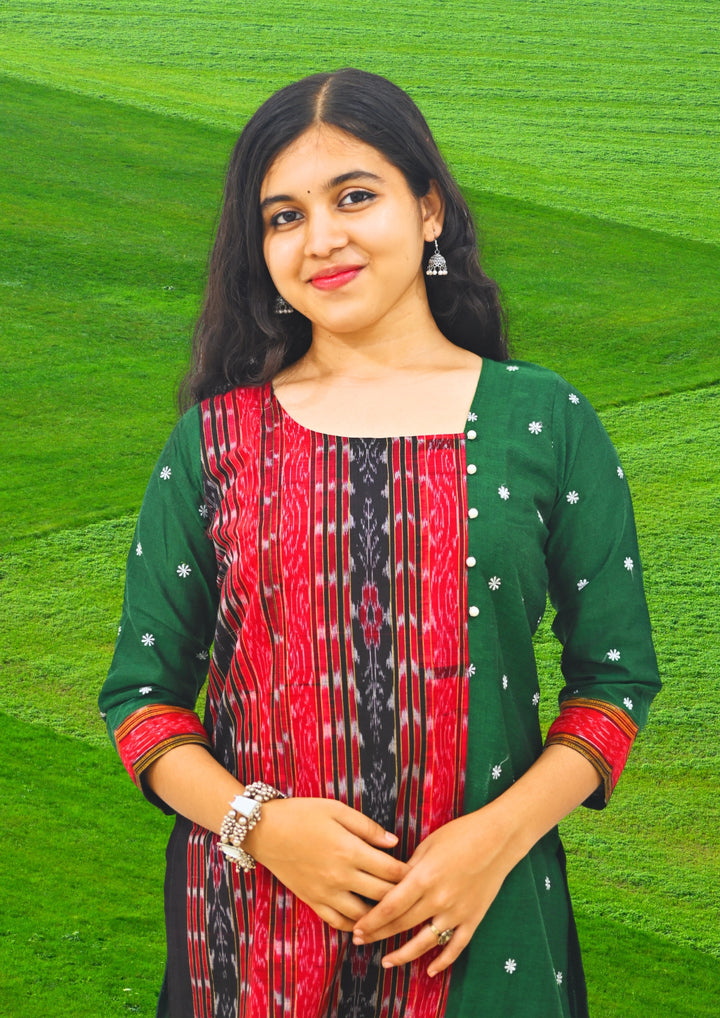 Wovio Modern Ikat Fusion Top D Neck – Green Base with Mini Dot Motifs & Red–Black