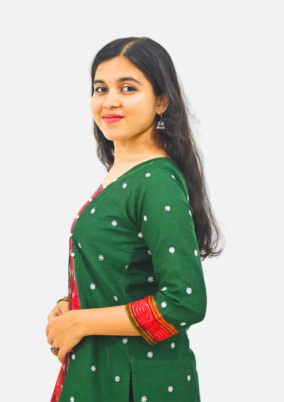 Wovio Modern Ikat Fusion Top D Neck – Green Base with Mini Dot Motifs & Red–Black