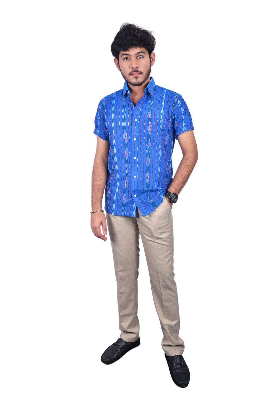 Sambalpuri Handloom Blue Cotton Half-sleeve Shirt for Men