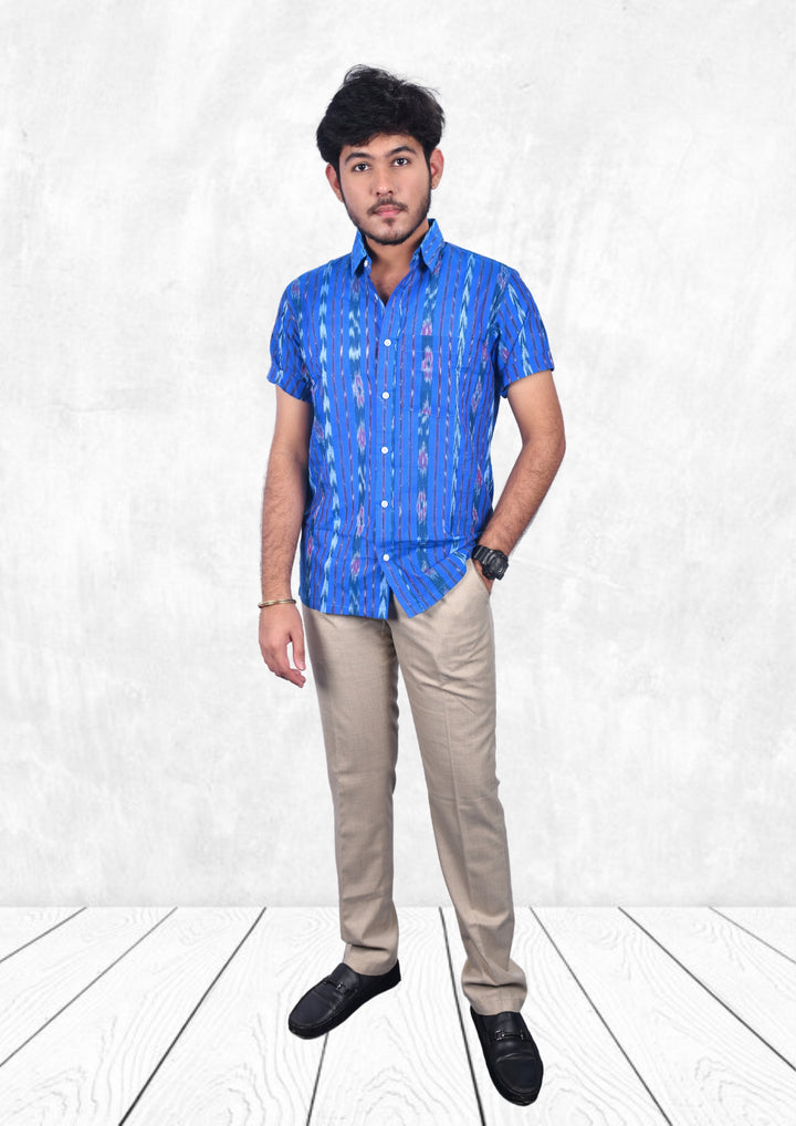 Sambalpuri Handloom Blue Cotton Half-sleeve Shirt for Men