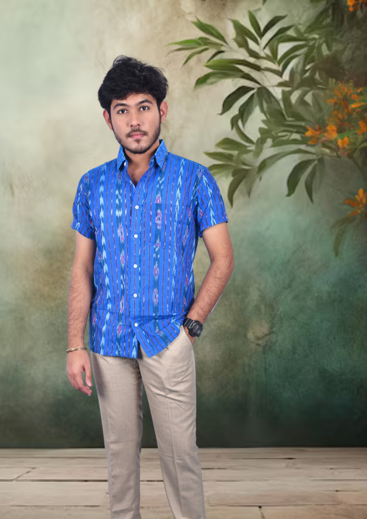 Sambalpuri Handloom Blue Cotton Half-sleeve Shirt for Men