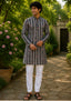 Men’s Long Kurta –  Ikat Vertical Stripe with Abstract Motifs, Black Base