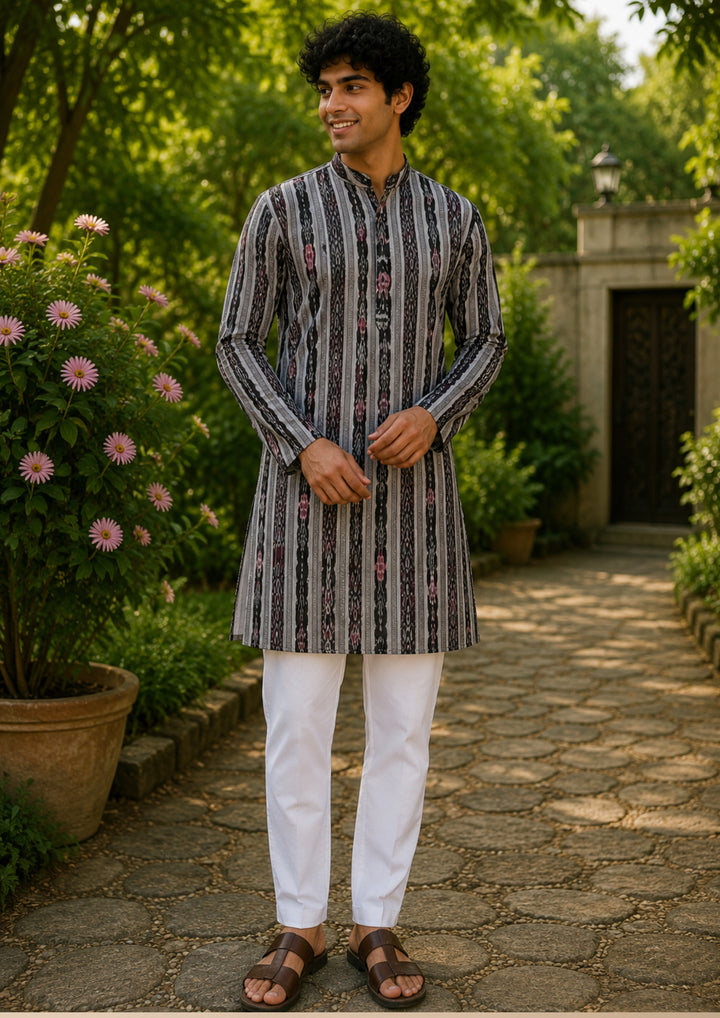Men’s Long Kurta –  Ikat Vertical Stripe with Abstract Motifs, Black Base