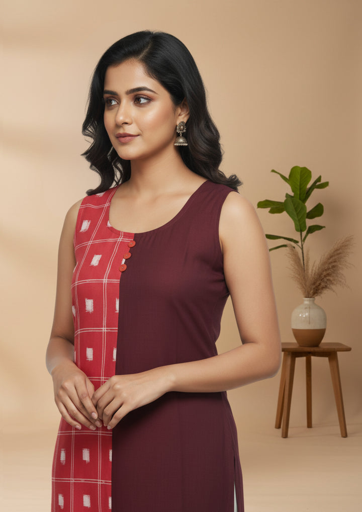 Wovio Modern Dual-Tone Ikat Dress - Red & Maroon Panel Design with Square Motif Pattern