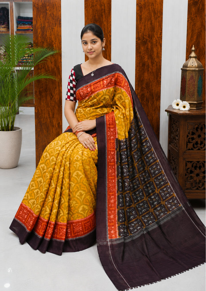 Elegant Sambalpuri Handloom Cotton Saree in Mustard Yellow & Deep Coffee Brown