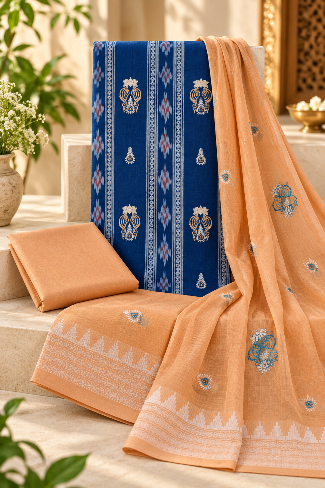 Women's Sambalpuri Peach & Royal Blue Unstitched Suit Material with Dupatta