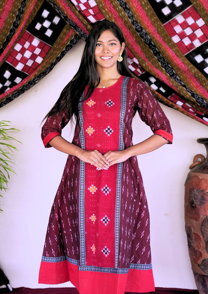 Sambalpuri Women’s Gown– Maroon with Red Ikat Panel and Multicolor Floral Motif