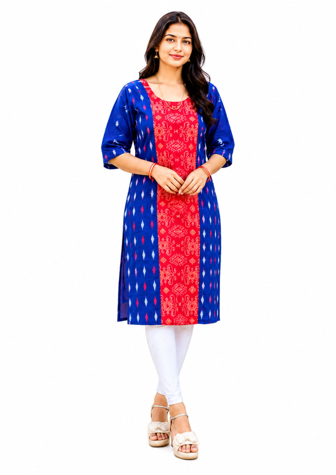 Sambalpuri Women's Kurti - Royal Blue & Crimson Ikat Elegance Kurti