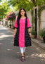 Sambalpuri Women's Kurti - Pink Cotton Ikat Panel Kurta with Black Side Panels