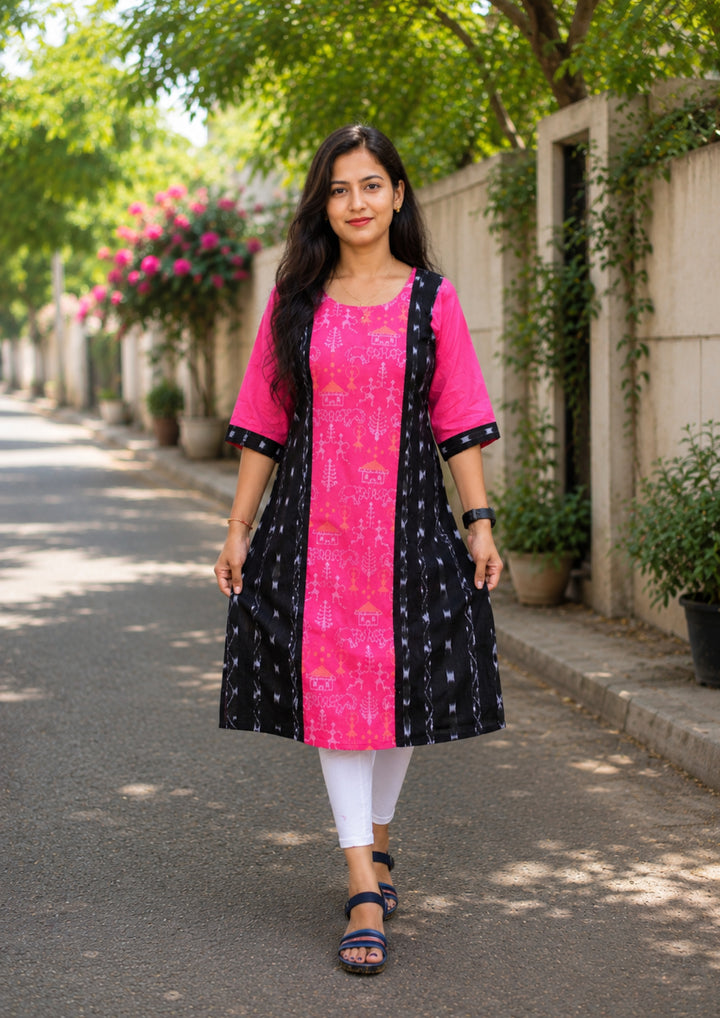 Sambalpuri Women's Kurti - Pink Cotton Ikat Panel Kurta with Black Side Panels