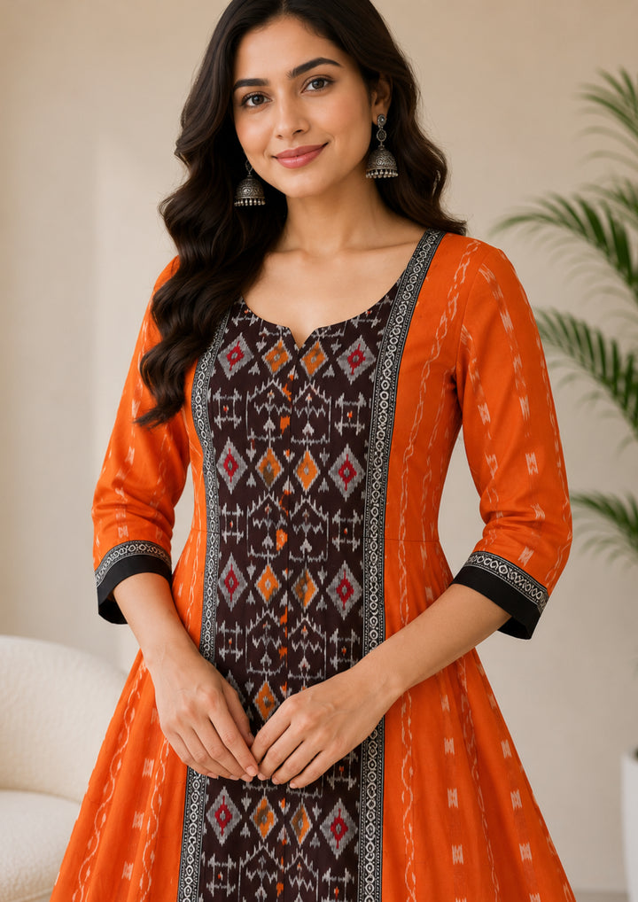 Sambalpuri Long Gown – Sunset Orange & Coffee Brown with Black Border