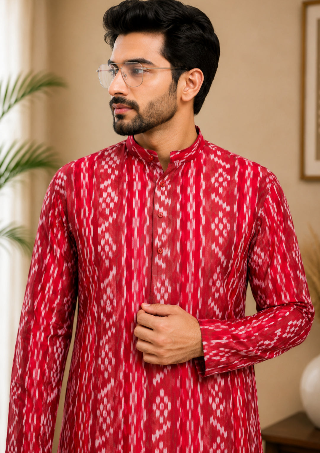 Sambalpuri Men's Long Kurta - Crimson Red Kurta