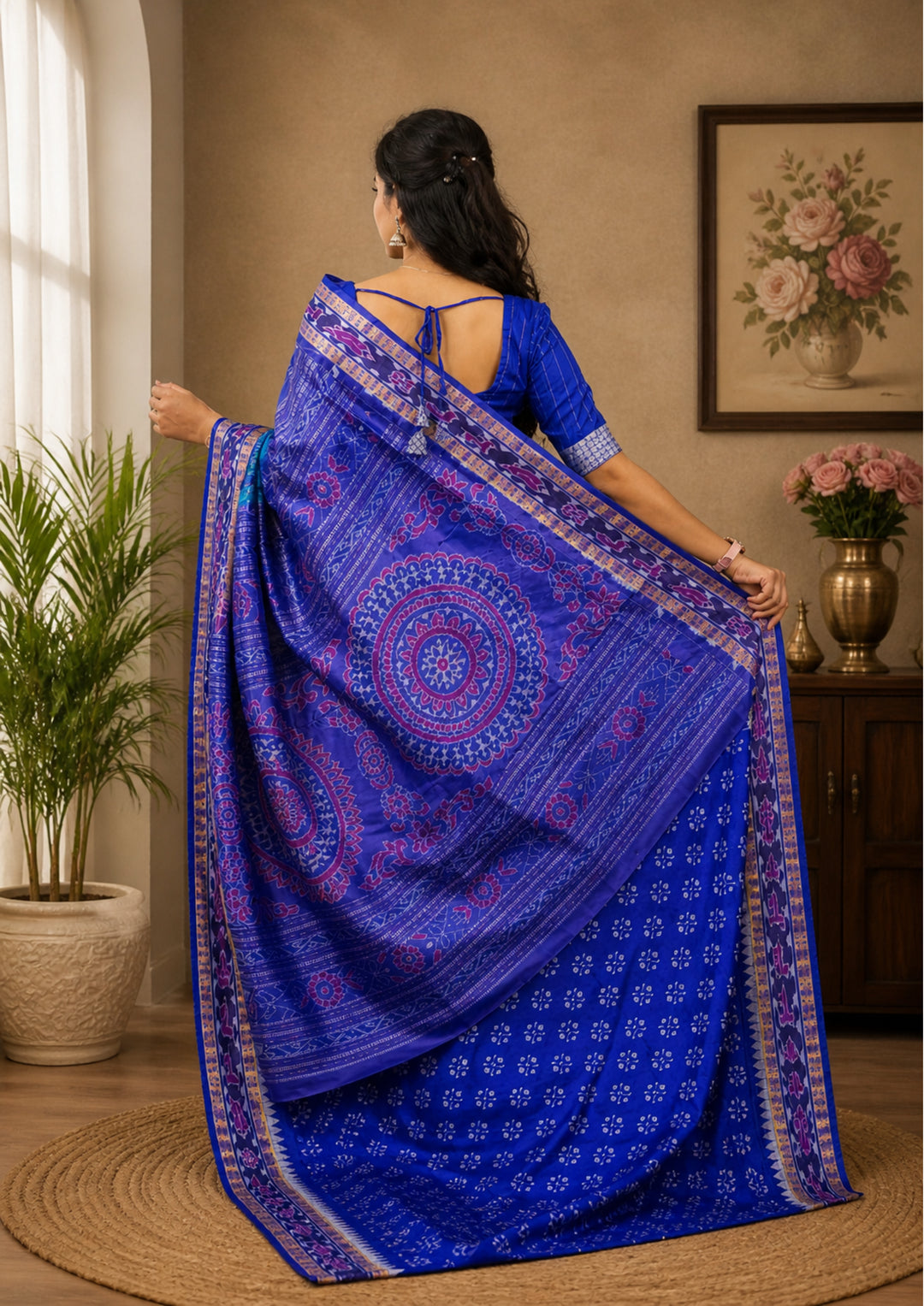 Handwoven Royal Blue Sambalpuri Patta Saree with Sky Blue Accents