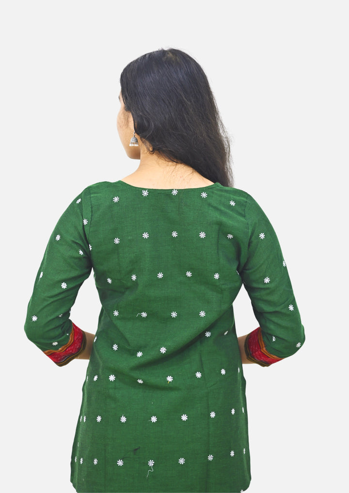 Wovio Modern Ikat Fusion Top D Neck – Green Base with Mini Dot Motifs & Red–Black