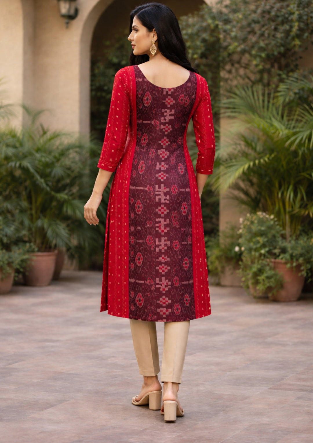 Sambalpuri Women's Kurti - Ruby Red Striped with Swastic Design Ikkat Kurti