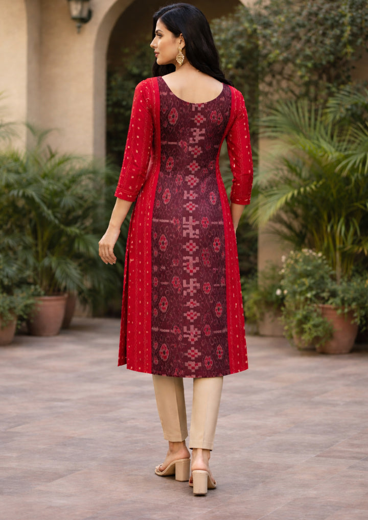 Sambalpuri Women's Kurti - Ruby Red Striped with Swastic Design Ikkat Kurti
