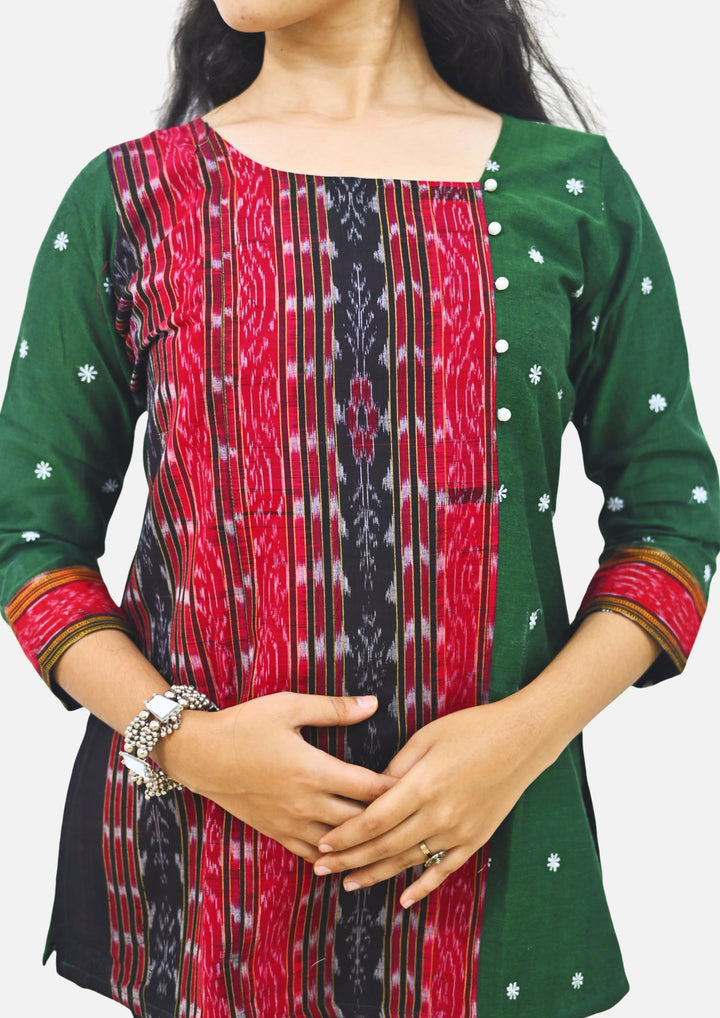 Wovio Modern Ikat Fusion Top D Neck – Green Base with Mini Dot Motifs & Red–Black
