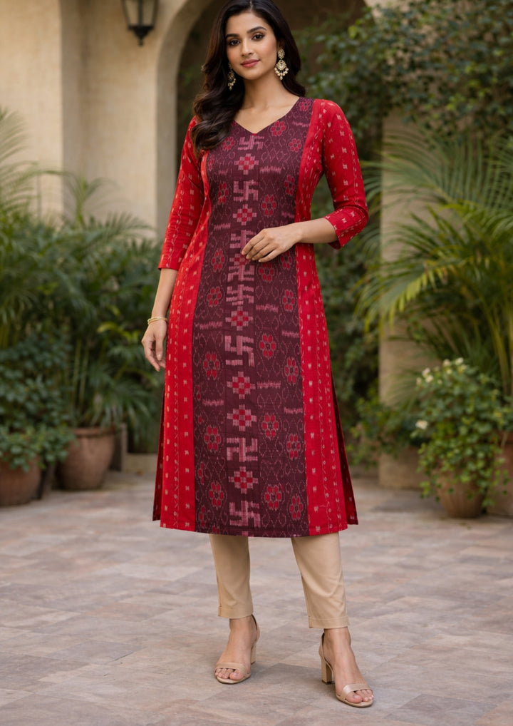 Sambalpuri Women's Kurti - Ruby Red Striped with Swastic Design Ikkat Kurti