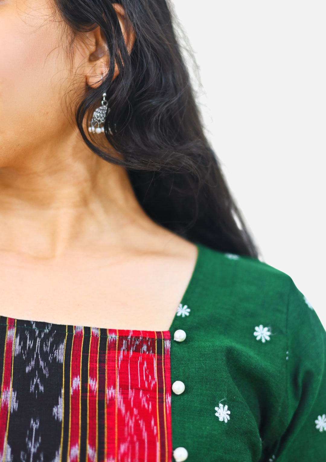 Wovio Modern Ikat Fusion Top D Neck – Green Base with Mini Dot Motifs & Red–Black