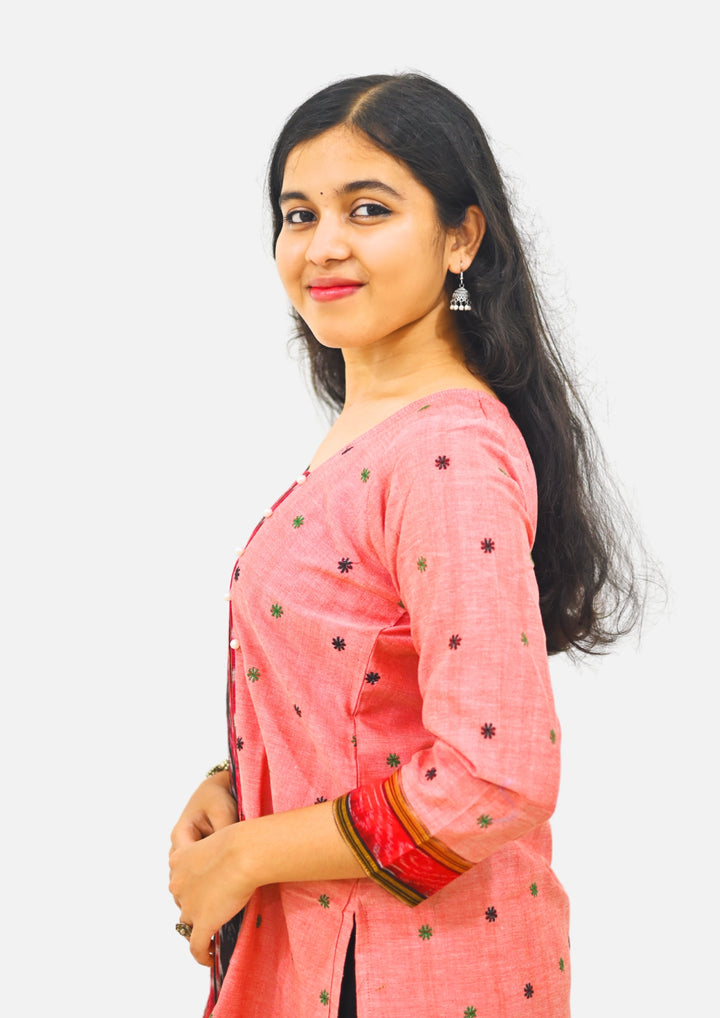 Wovio Modern Ikat Fusion Top D Neck – Pink Base with Mini Dot Motifs & Red–Black