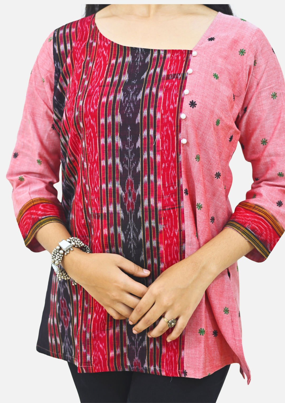 Wovio Modern Ikat Fusion Top D Neck – Pink Base with Mini Dot Motifs & Red–Black