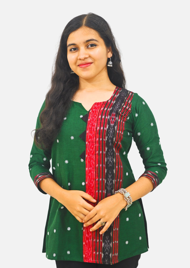 Wovio Modern Ikat Fusion Top V Neck – Green Base with Mini Dot Motifs & Red–Black