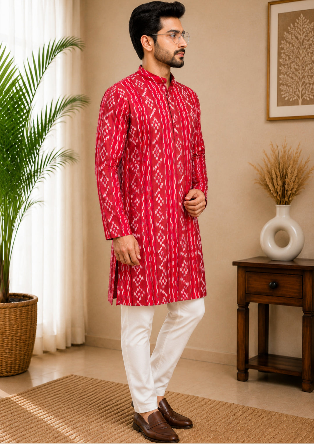 Sambalpuri Men's Long Kurta - Crimson Red Kurta
