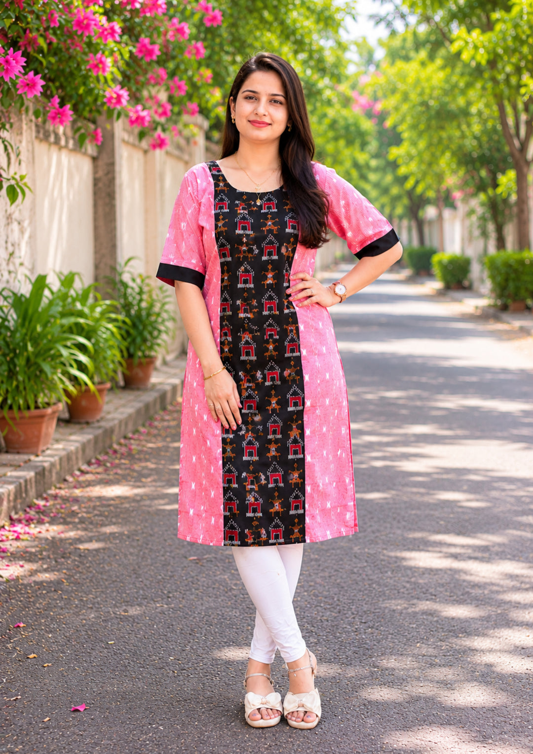 Sambalpuri Women's Kurti - Pink Ethnic Straight Fit Kurti with Tribal Design
