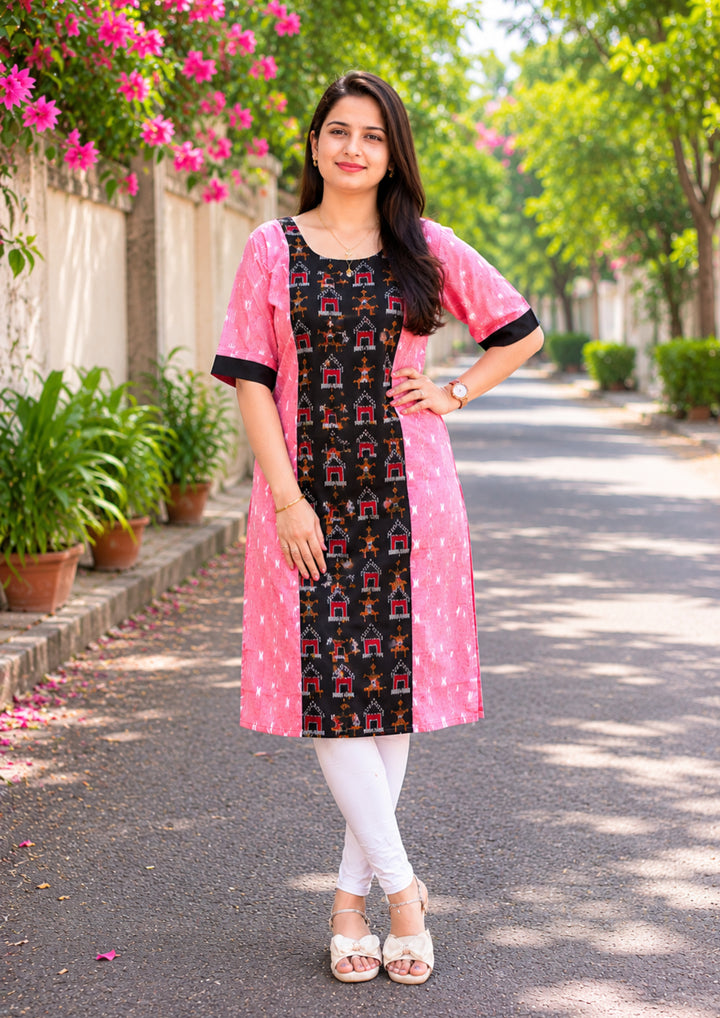 Sambalpuri Women's Kurti - Pink Ethnic Straight Fit Kurti with Tribal Design