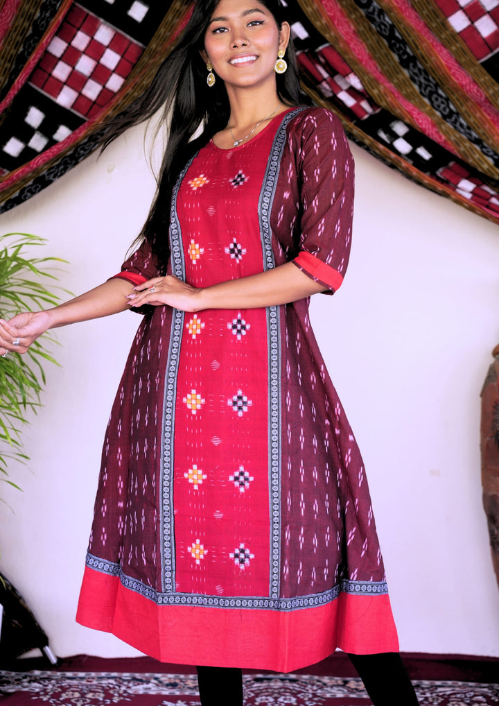 Sambalpuri Women’s Gown– Maroon with Red Ikat Panel and Multicolor Floral Motif