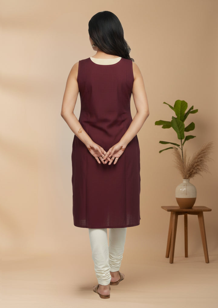 Wovio Modern Dual-Tone Ikat Dress - Red & Maroon Panel Design with Square Motif Pattern