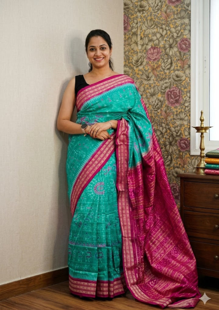 Handwoven Exquisite Sea-Green Sambalpuri Patta Silk Saree with Fuchsia Pink Borders