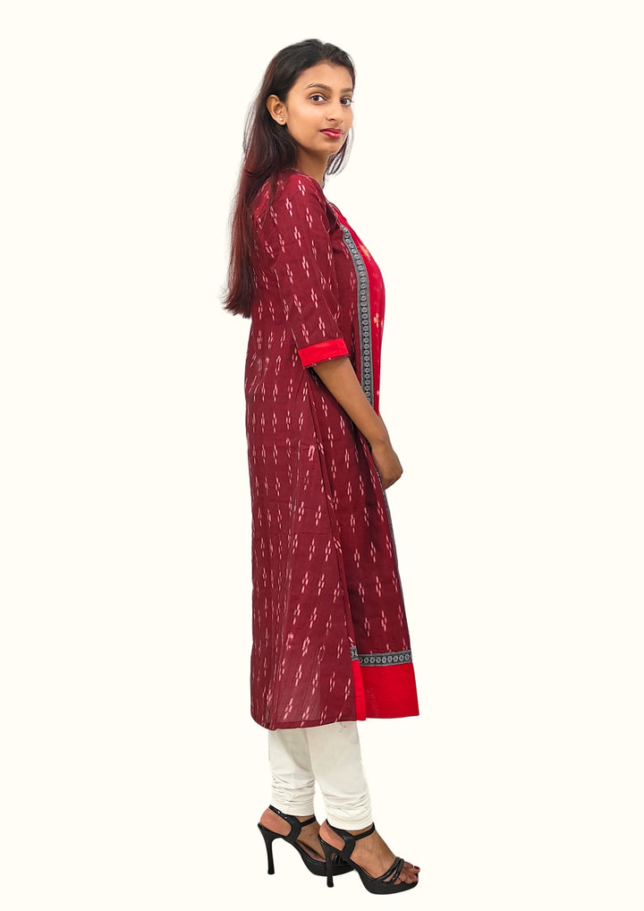 Sambalpuri Women’s Gown– Maroon with Red Ikat Panel and Multicolor Floral Motif