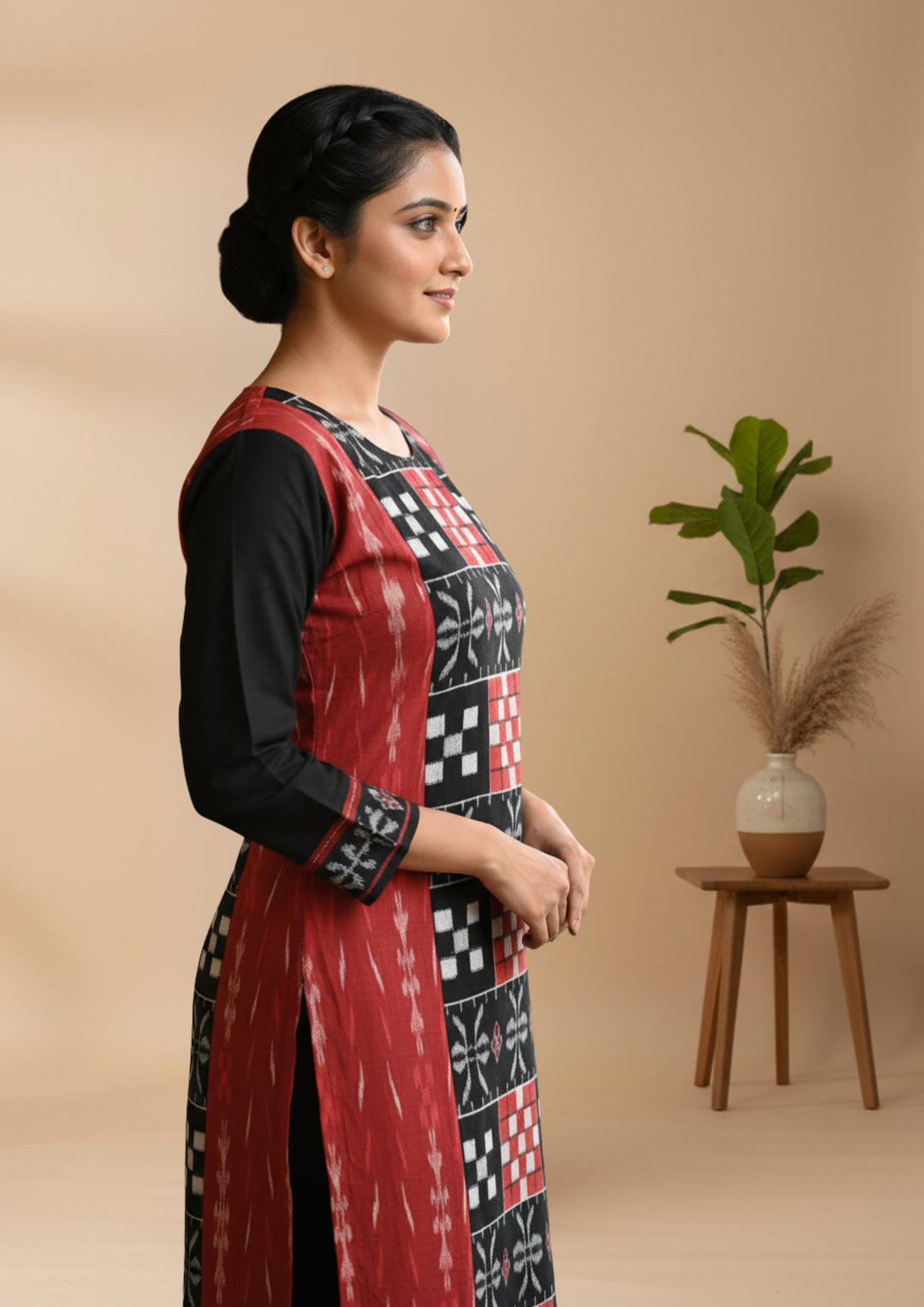 Sambalpuri Hand Woven Women's Straight Kurti in Black and Maroon