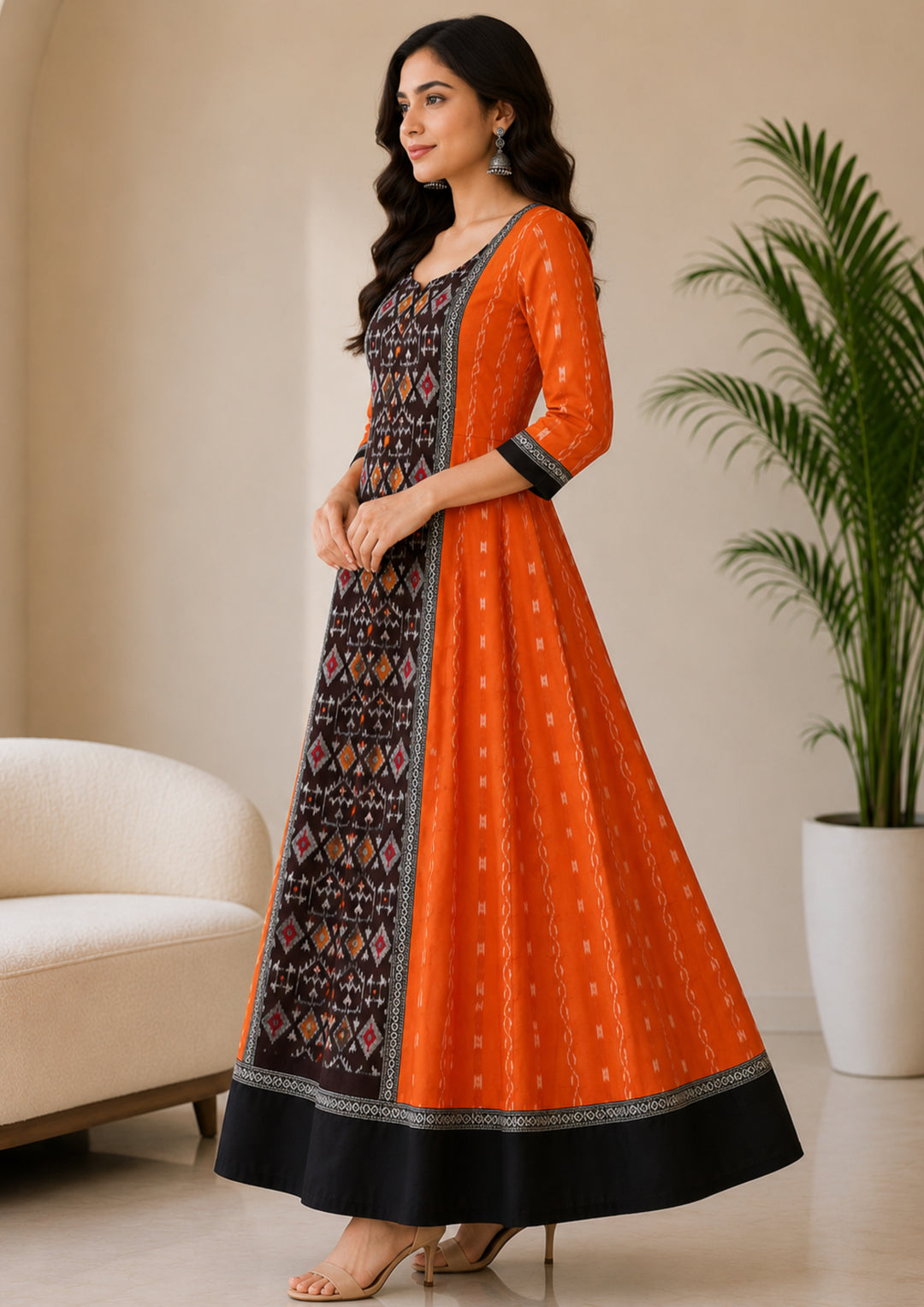 Sambalpuri Long Gown – Sunset Orange & Coffee Brown with Black Border