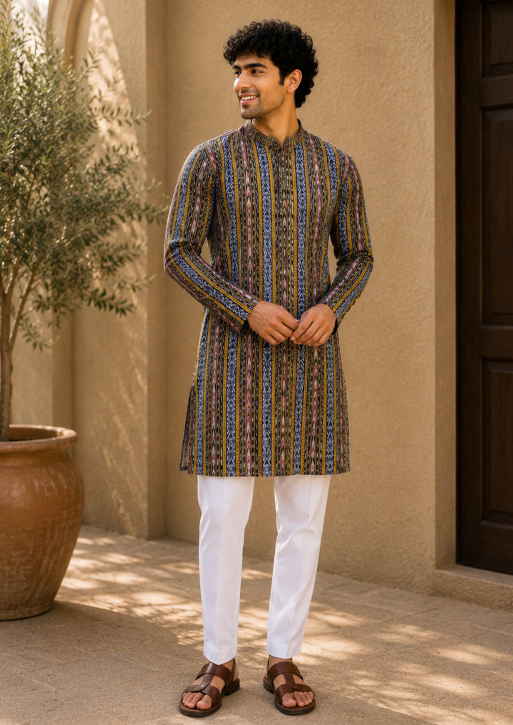 Men’s Long Kurta –  Ikat Vertical Stripe with Abstract Motifs, Black Base