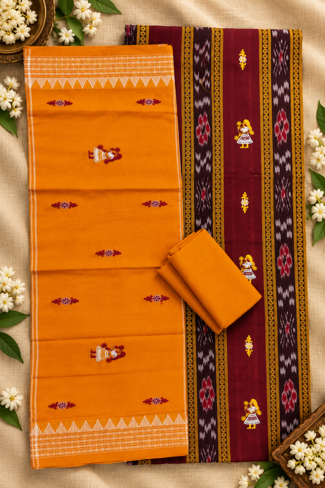 Women's Sambalpuri Mustard Orange & Maroon Unstitched Suit Material with Dupatta