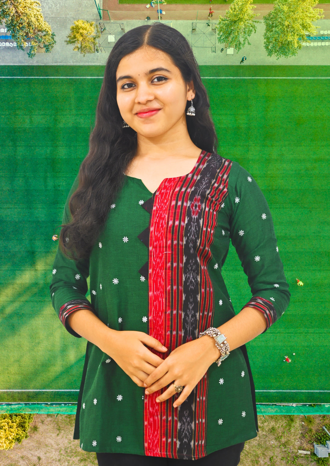 Wovio Modern Ikat Fusion Top V Neck – Green Base with Mini Dot Motifs & Red–Black