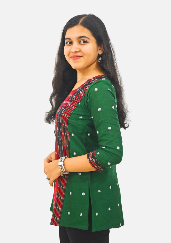 Wovio Modern Ikat Fusion Top V Neck – Green Base with Mini Dot Motifs & Red–Black