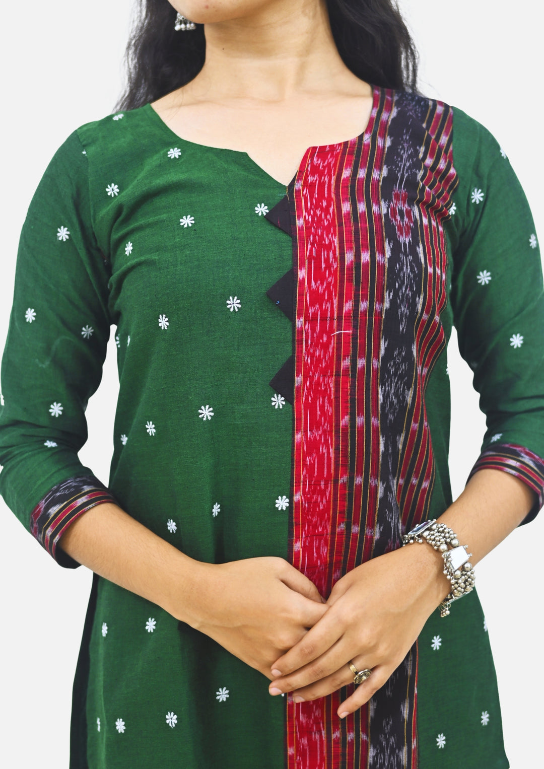 Wovio Modern Ikat Fusion Top V Neck – Green Base with Mini Dot Motifs & Red–Black