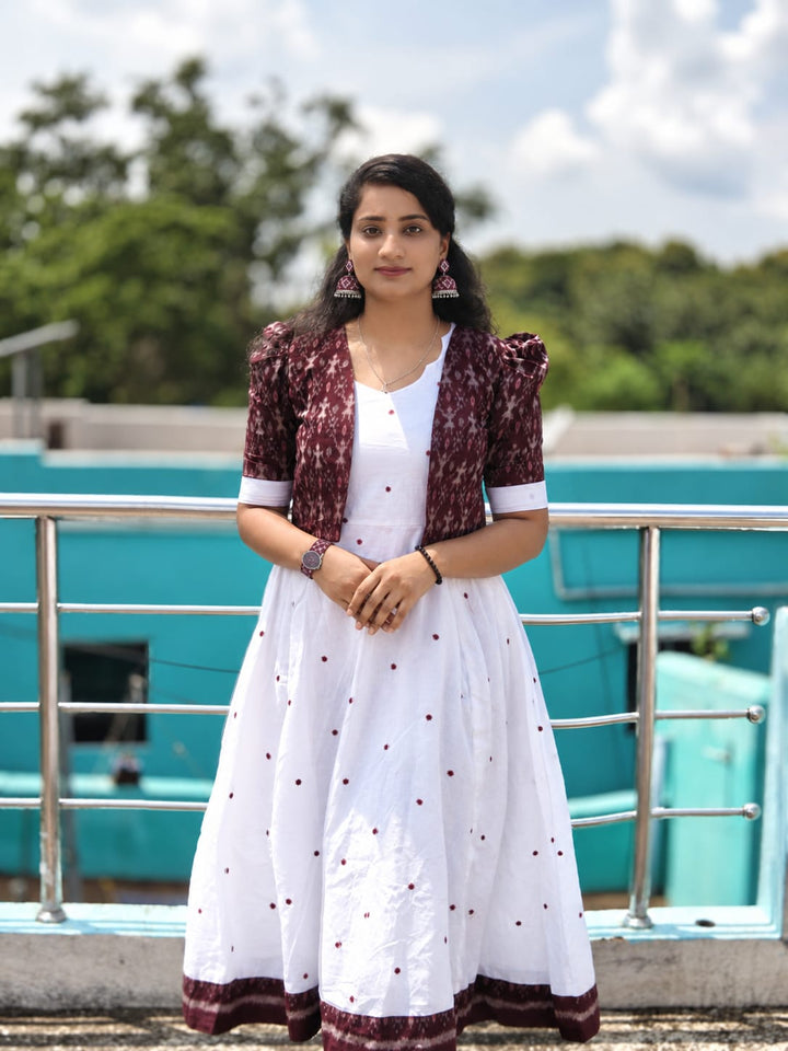 Women’s Pure Handloom Sambalpuri Cotton Jacket with White Butty Flared Frock